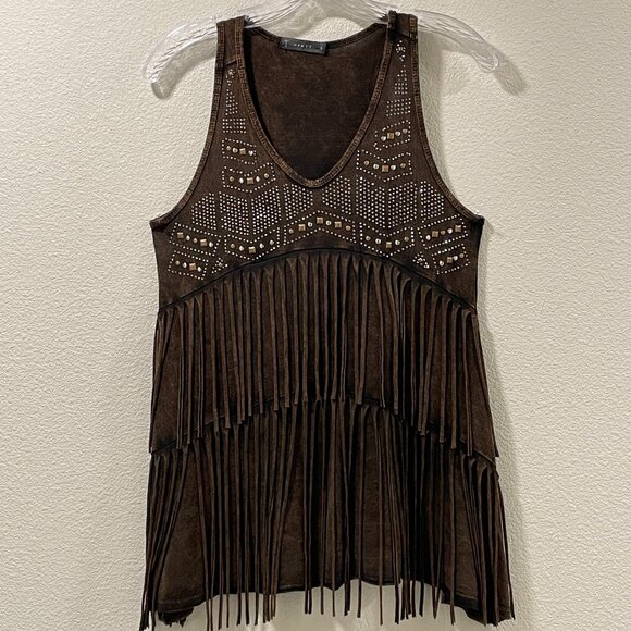 T Party Fashion Tops - (NEW) T PARTY Fringe Rhinestone Sleeveless Tank Washed/Embellished, Brown - S